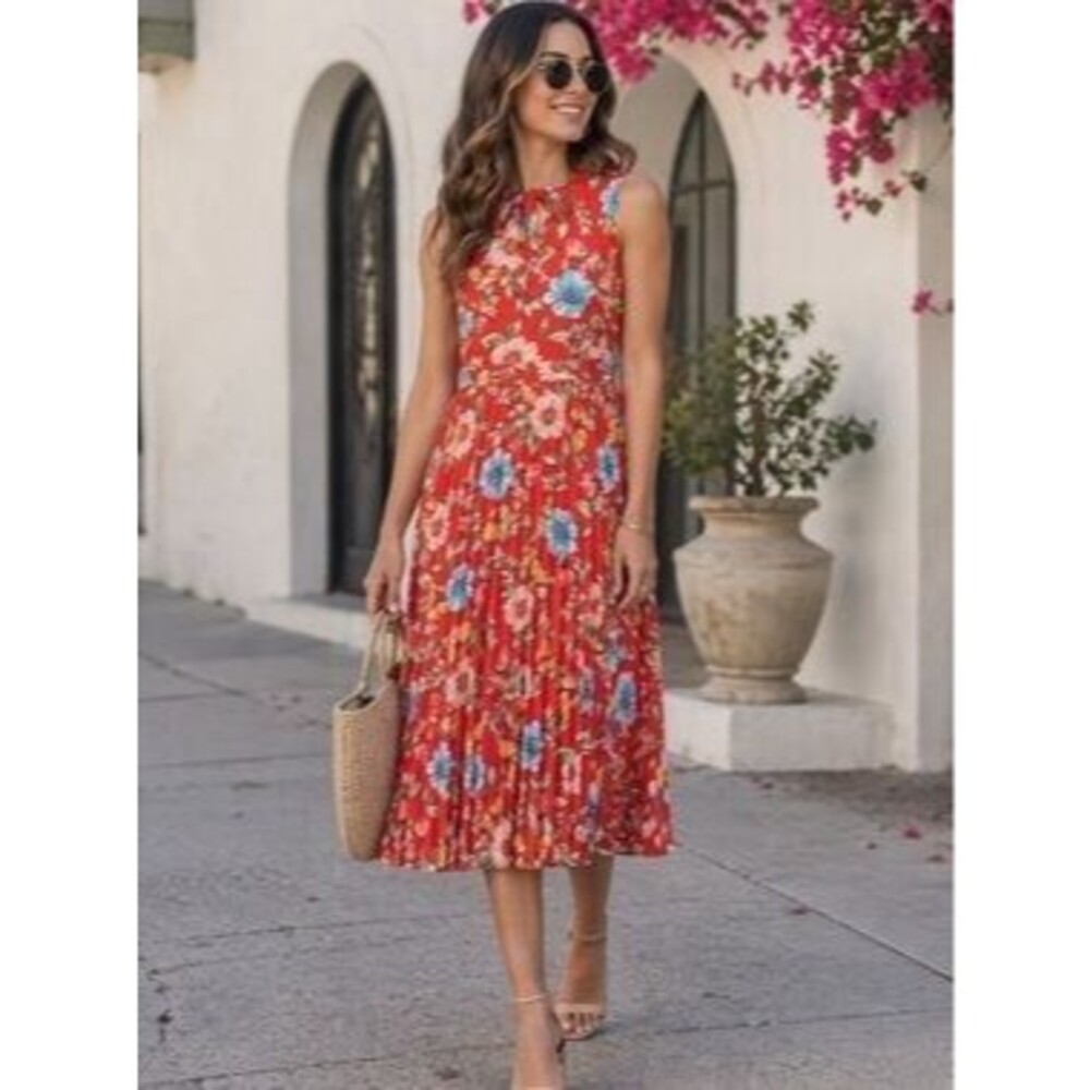 Donna Morgan red floral pleated midi dress women’s 4